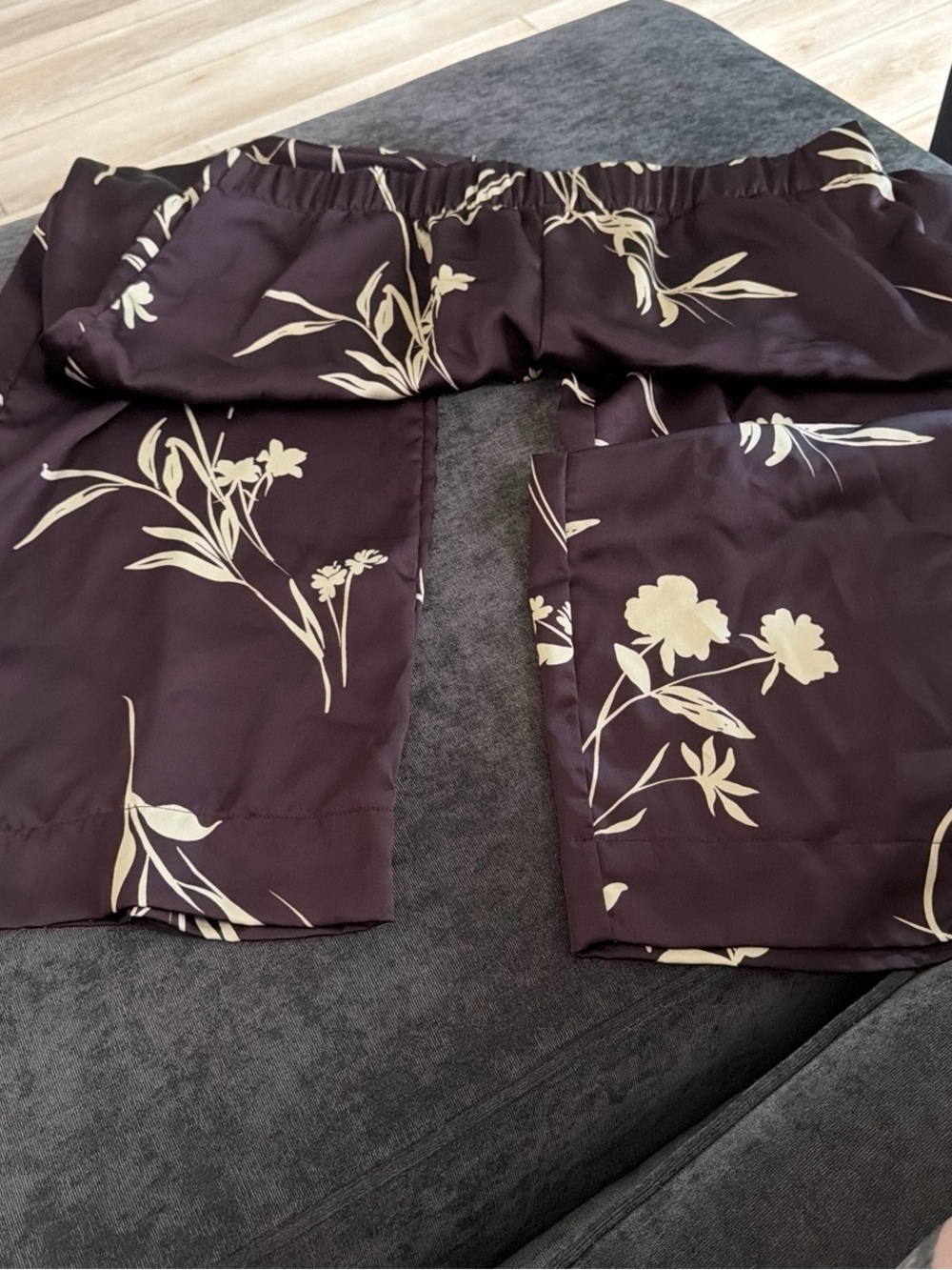 Floral Satin Pajama Set Bottoms in Deep Brown and Cream